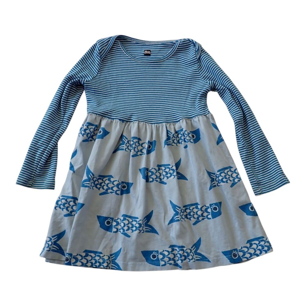 Tea Collection Dress 3T Toddler Blue Striped Dress Fish Print Long Sleeve Casual